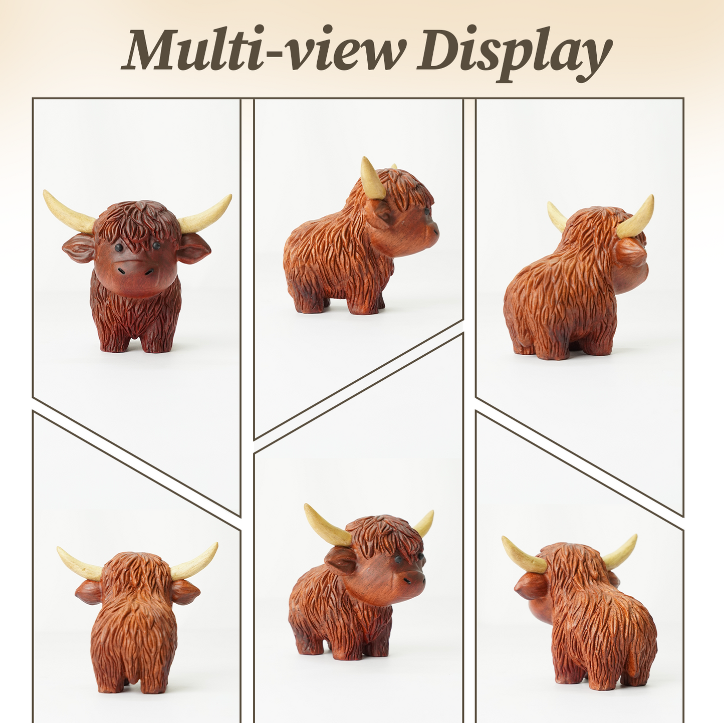 Hand-Carved Wooden Highland Cow Figurine - Desk & Shelf Decor, Farm Animal Gift