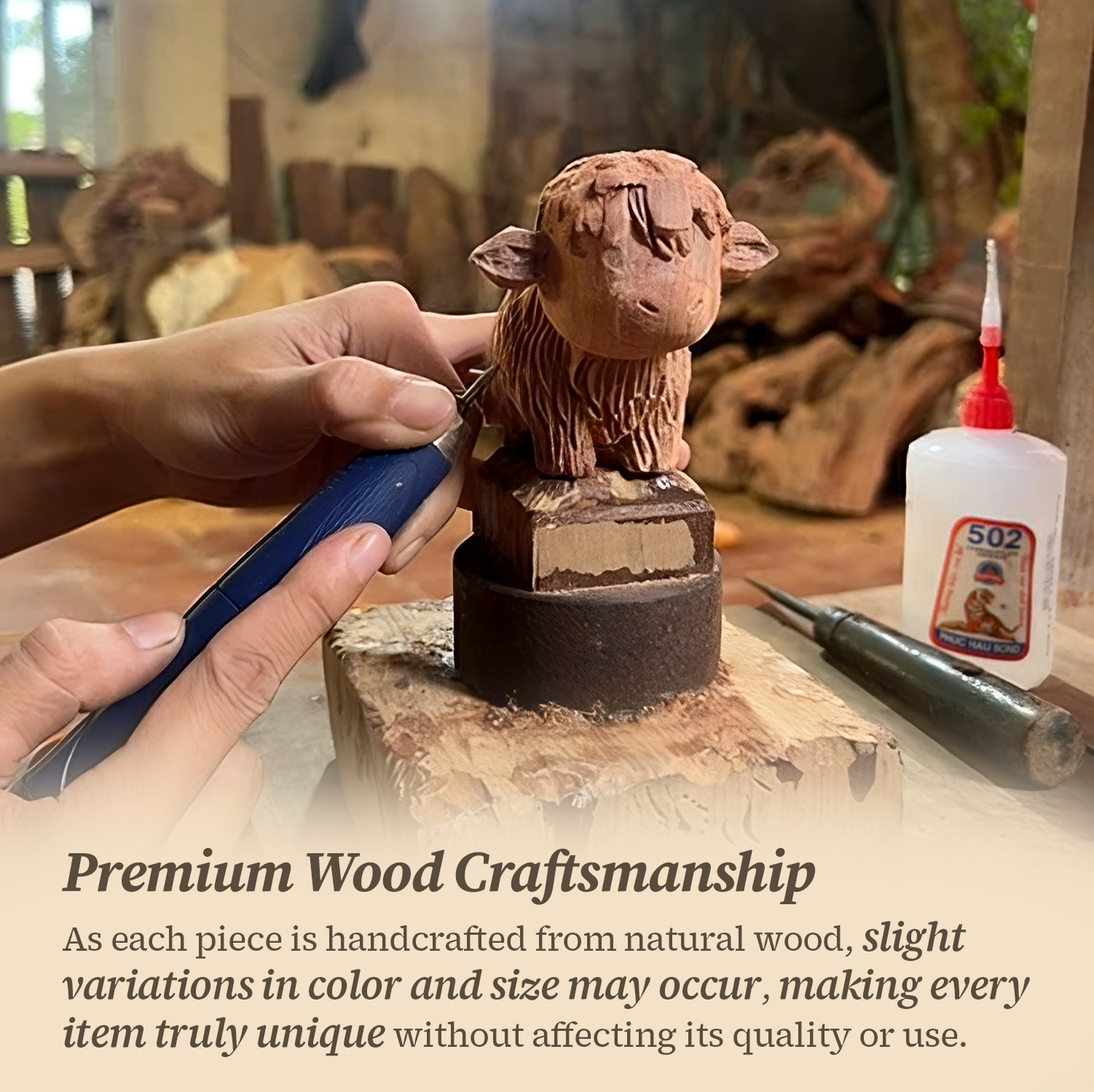 Hand-Carved Wooden Highland Cow Figurine - Desk & Shelf Decor, Farm Animal Gift