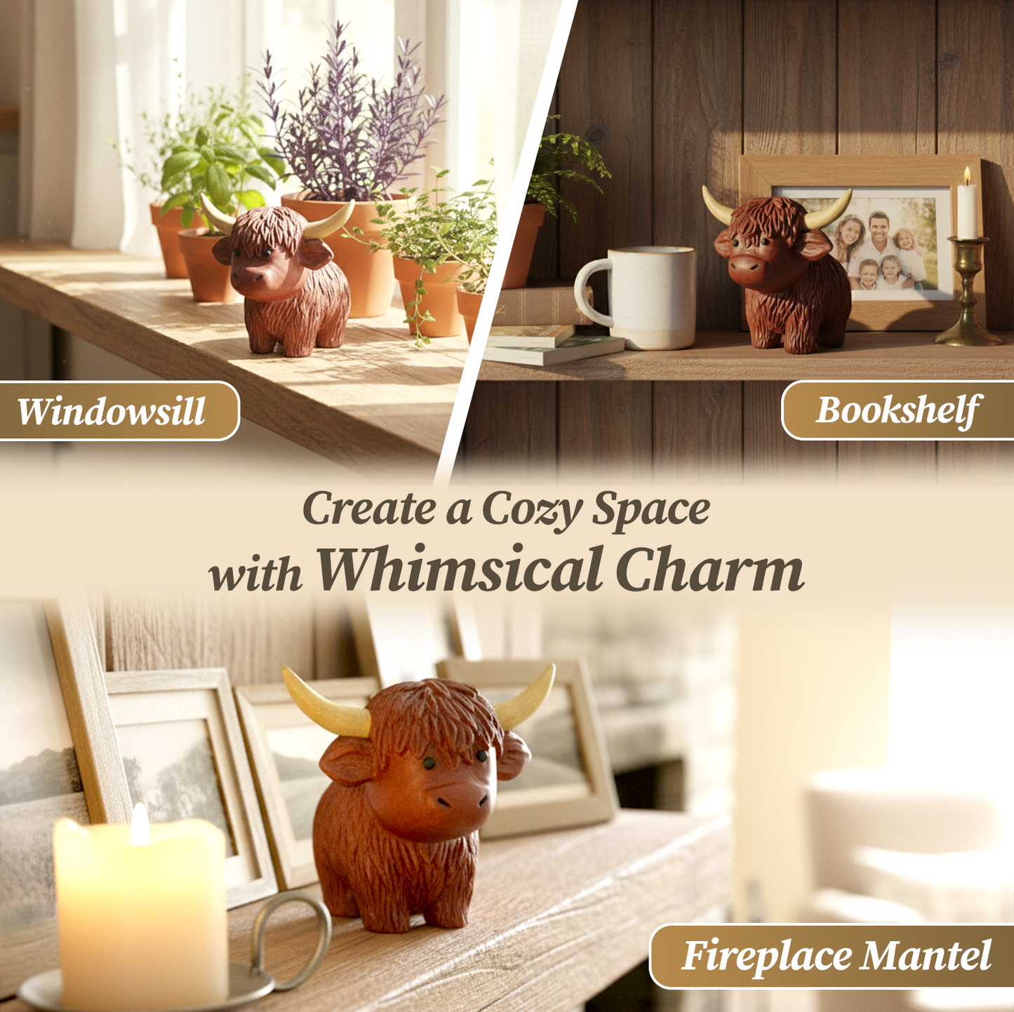 Hand-Carved Wooden Highland Cow Figurine - Desk & Shelf Decor, Farm Animal Gift