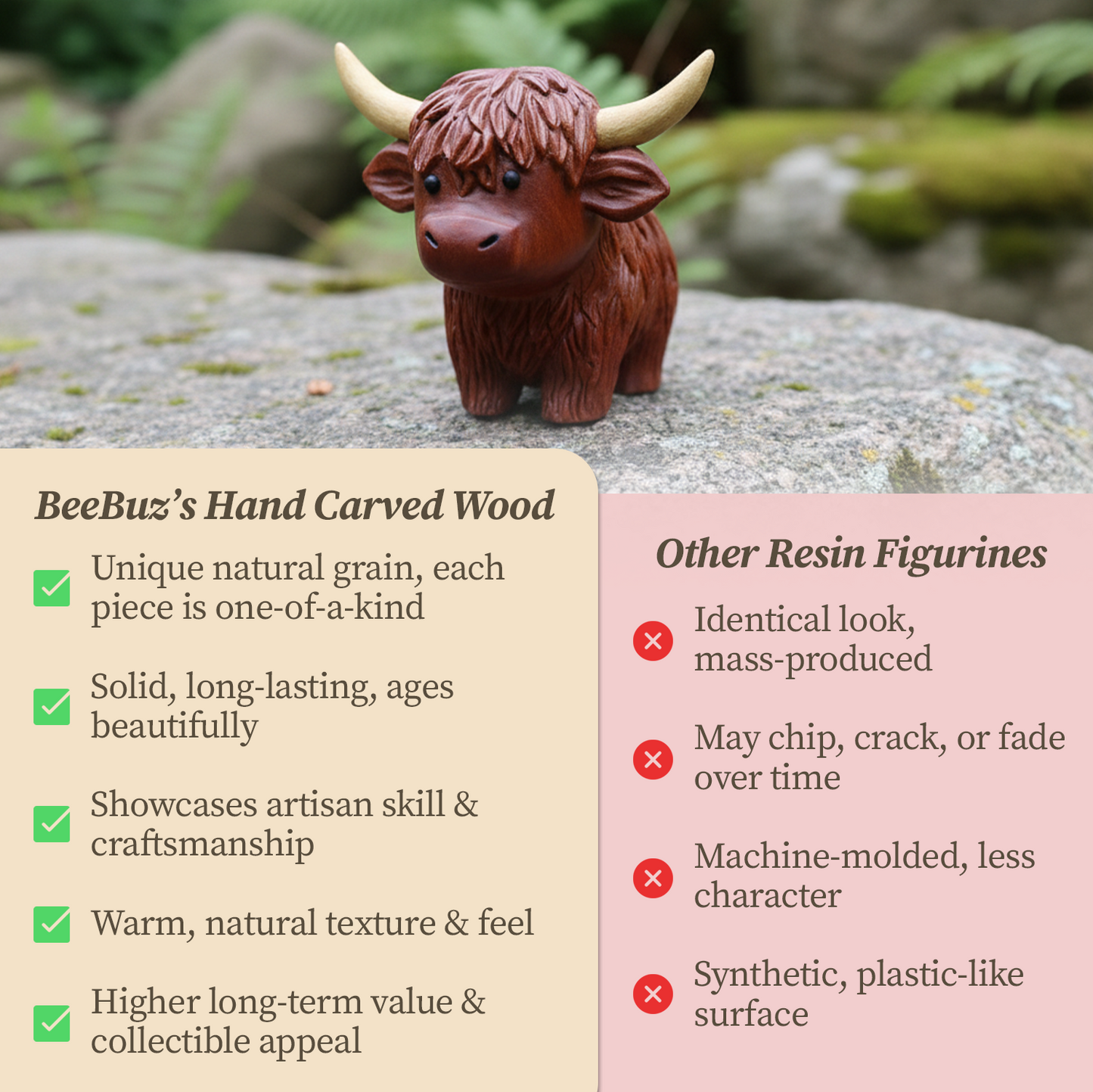 Hand-Carved Wooden Highland Cow Figurine - Desk & Shelf Decor, Farm Animal Gift