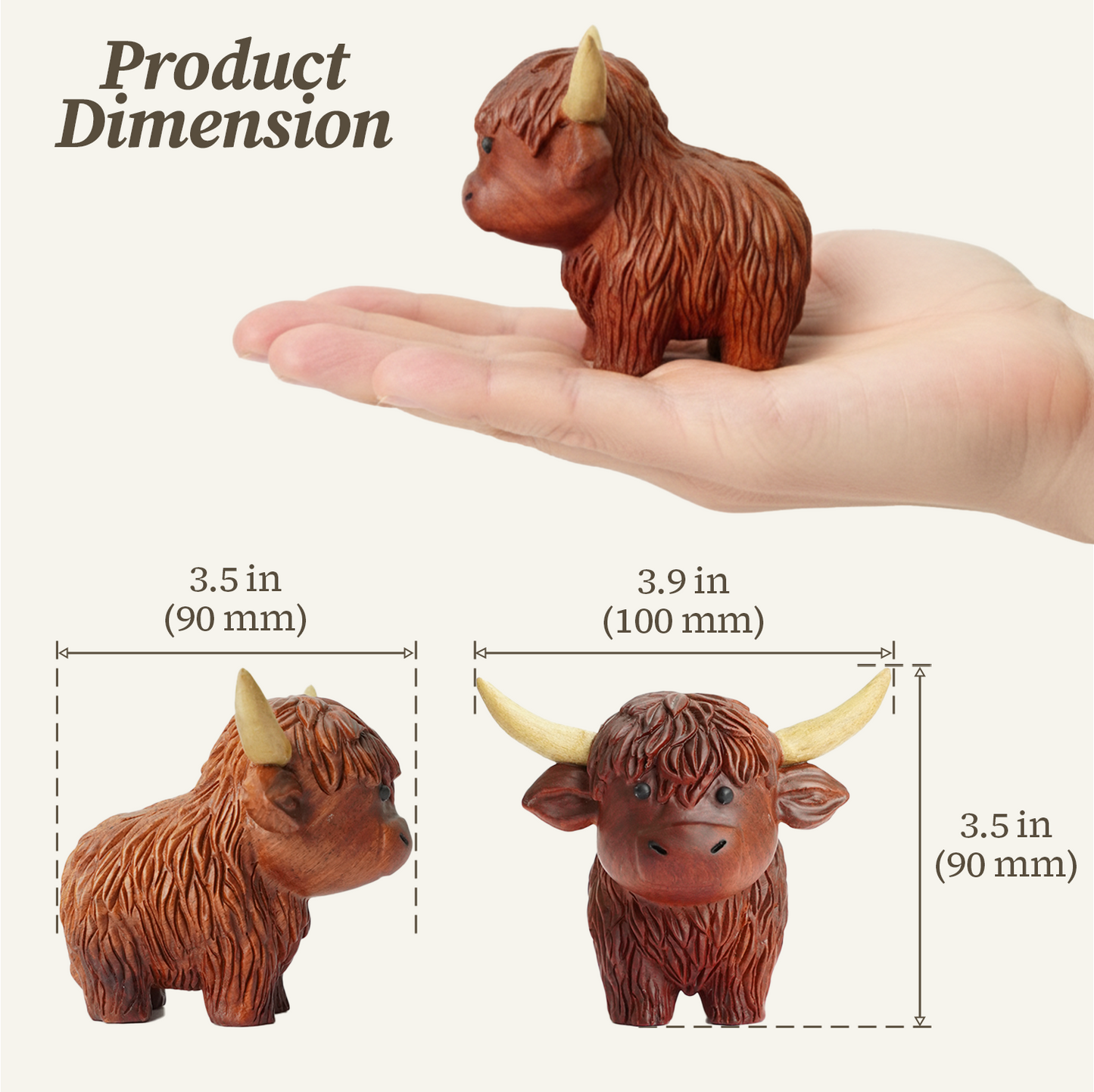 Hand-Carved Wooden Highland Cow Figurine - Desk & Shelf Decor, Farm Animal Gift