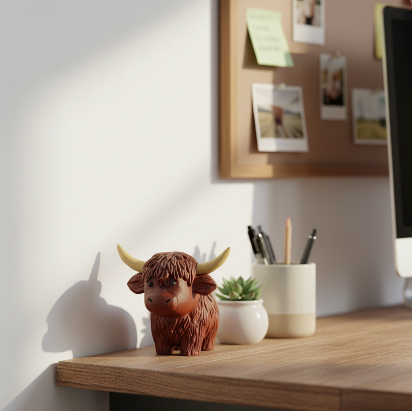Hand-Carved Wooden Highland Cow Figurine - Desk & Shelf Decor, Farm Animal Gift