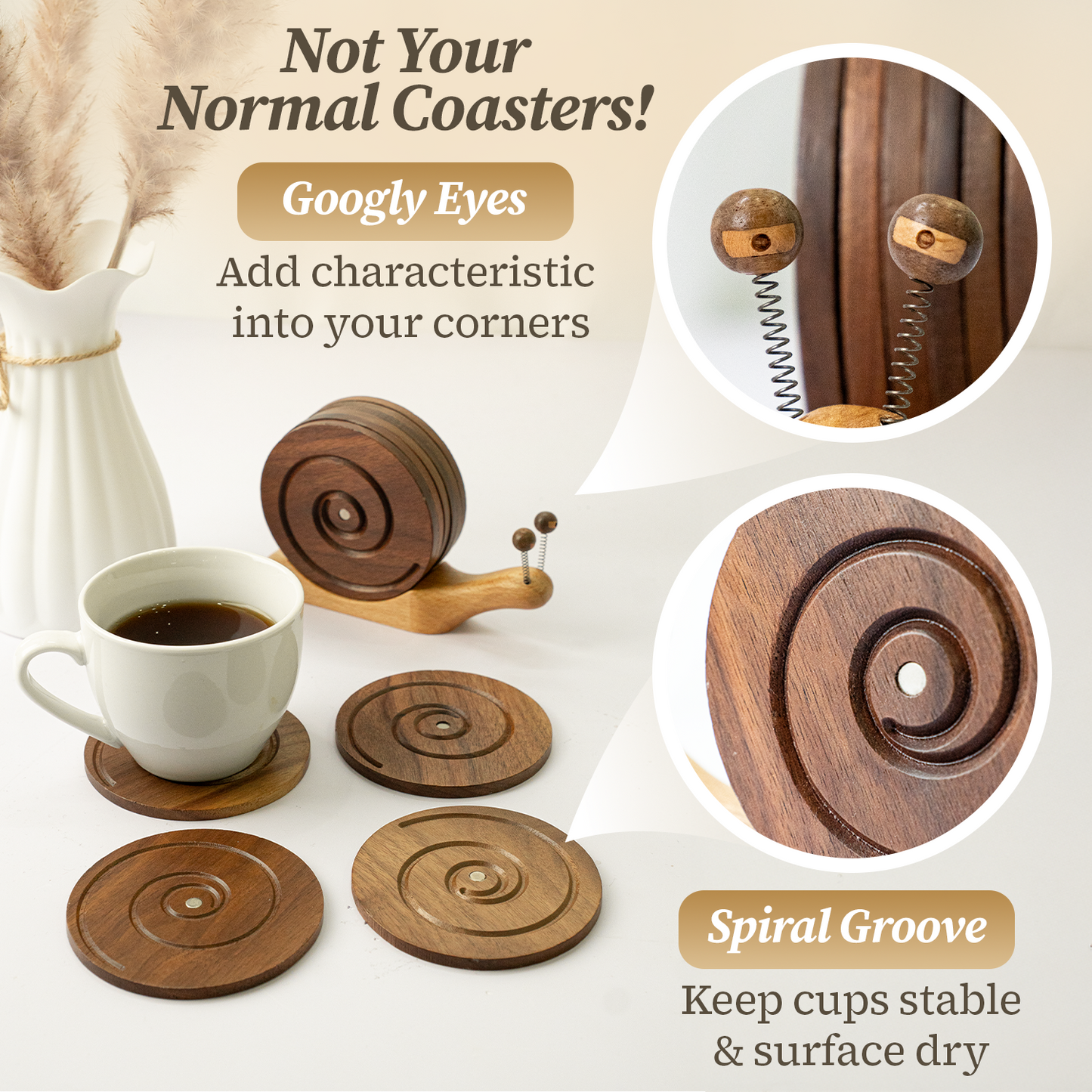 Set of 6 Wooden Coasters with Snail