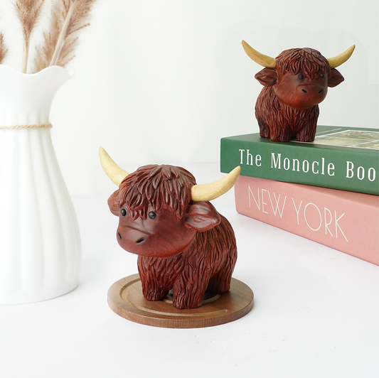 Hand-Carved Wooden Highland Cow Figurine - Desk & Shelf Decor, Farm Animal Gift