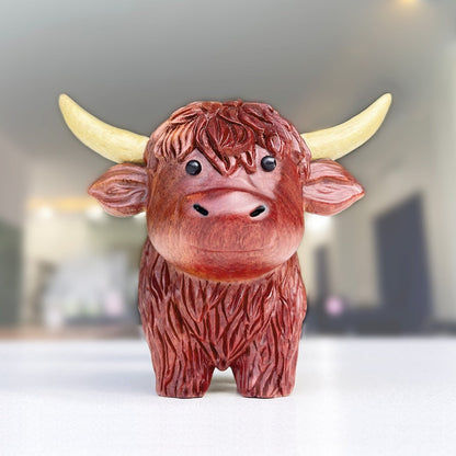 Hand-Carved Wooden Highland Cow Figurine - Desk & Shelf Decor, Farm Animal Gift