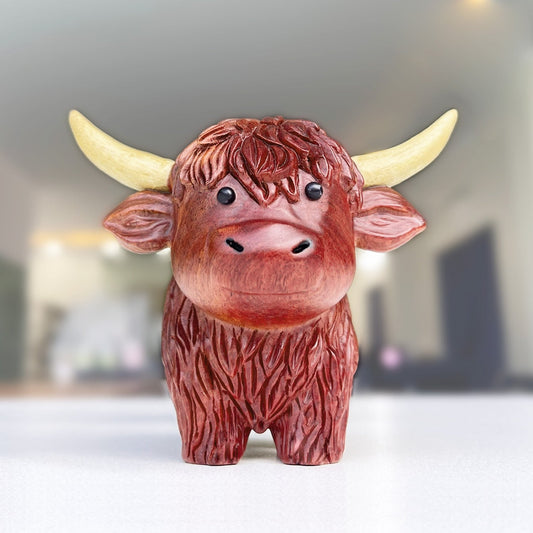 Hand-Carved Wooden Highland Cow Figurine - Desk & Shelf Decor, Farm Animal Gift