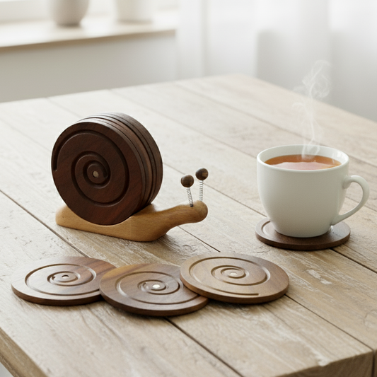 Set of 6 Wooden Coasters with Snail Holder Handmade Rustic Decor